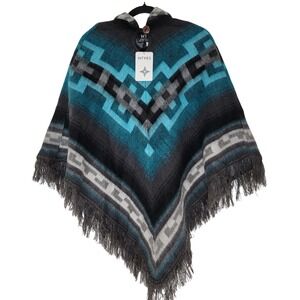 NTVES NWT Turquoise Grey Hooded Fringed Poncho Alpaca Blend Ecuador Handmade